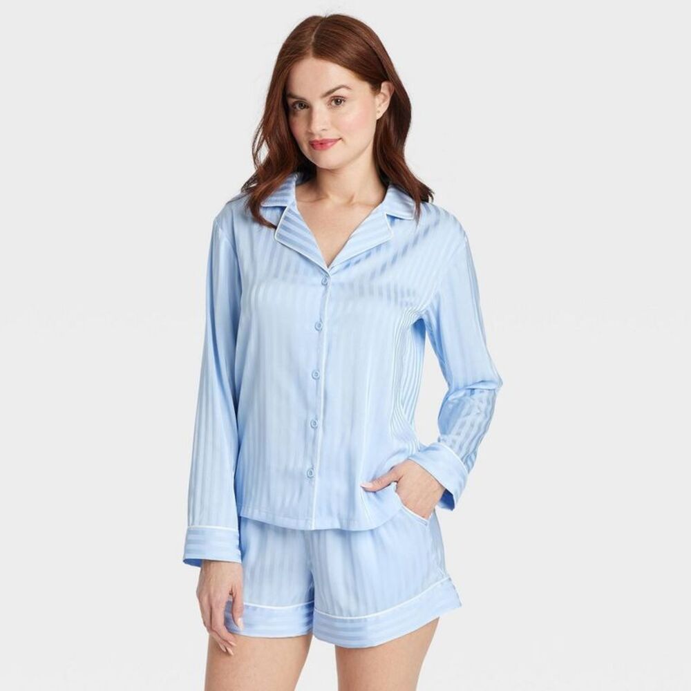 Women's Shadow Striped Satin Top & Shorts Pajama Set - Blue Large